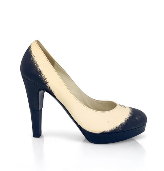 CHANEL Black & Beige Two Tone Ombre CC Logo Block Heel Pumps EU38