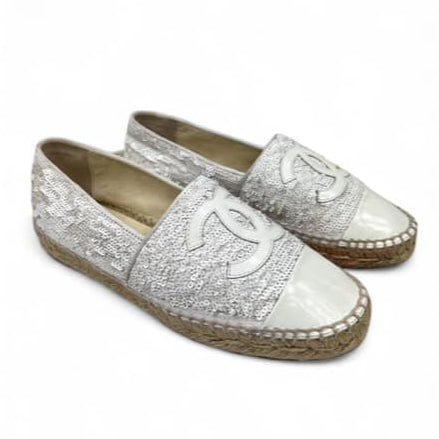 CHANEL White CC Logo Sequin Flat Espadrilles EU37