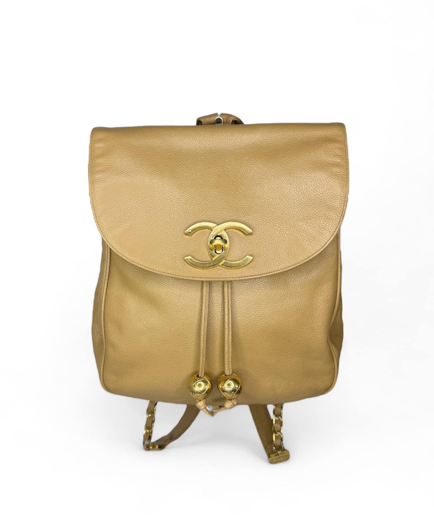 CHANEL Vintage Tan CC Logo Caviar Leather Backpack