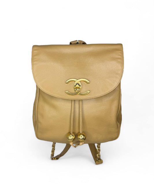 CHANEL Vintage Tan CC Logo Caviar Leather Backpack