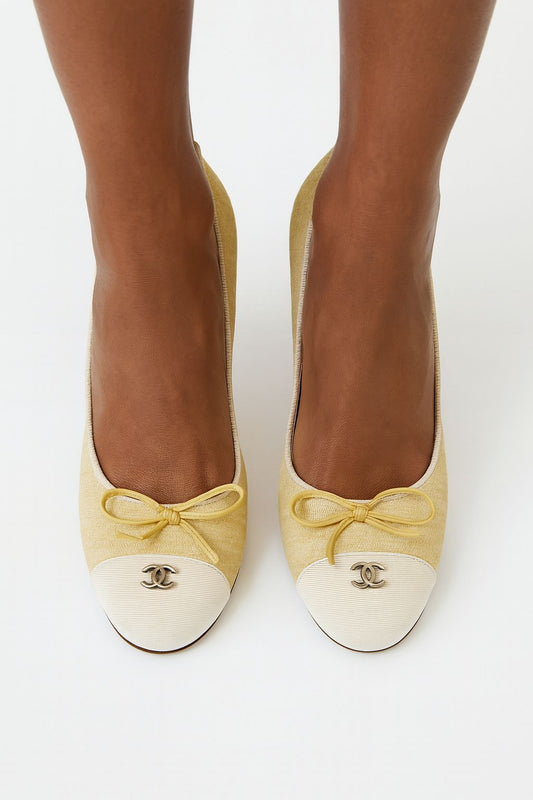 CHANEL Cream and Yellow Linen Cap Toe Pumps IT37