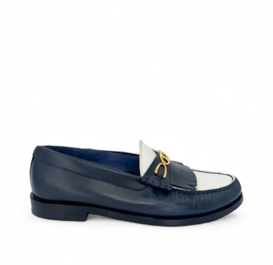 CELINE Women's Luco Triomphe Logo Navy & White Loafers IT36