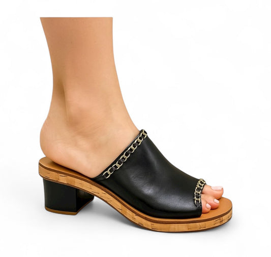 CHANEL Black & Gold Chain Detail Platform Cork Mules IT38.5