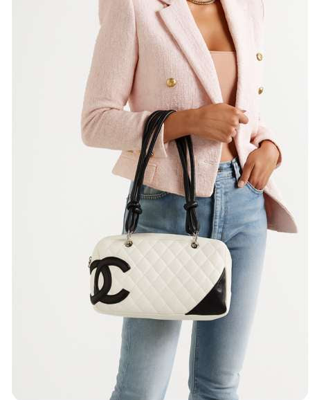CHANEL Cambon Line White/Black CC Logo Leather Shoulder Bag