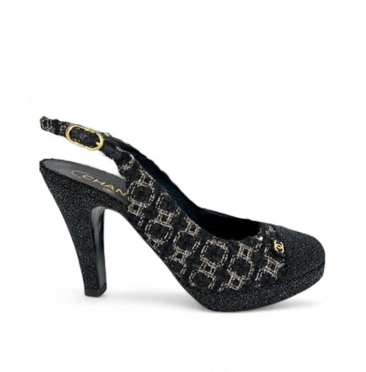 CHANEL Black CC Logo Cap Toe Block Heel Sling-back Heels EU39.5