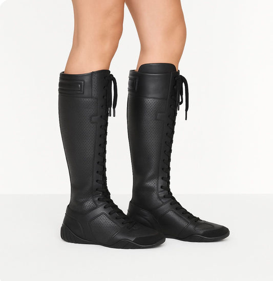 CHRISTIAN DIOR D-FENCE Black Lace Up Knee High Boots IT37.5