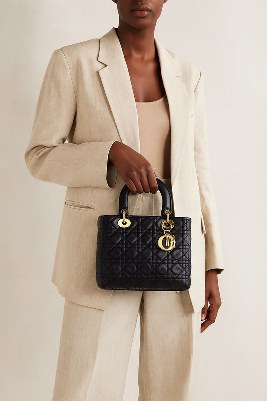 DIOR Lady Dior Medium Black Leather Quilted Shoulder Bag