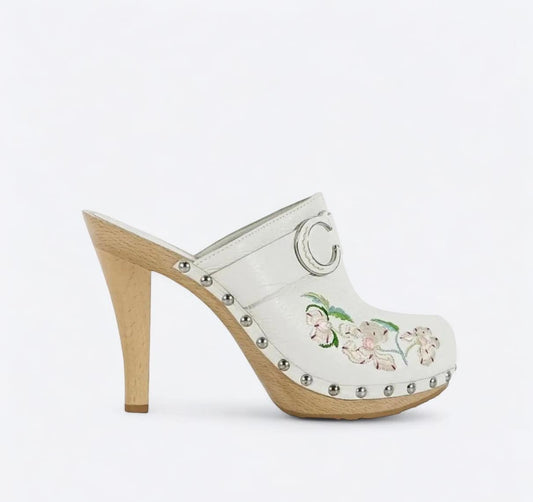 Rare Vintage DIOR by John Galliano White Embroidered Floral Print Clogs SizeEU37