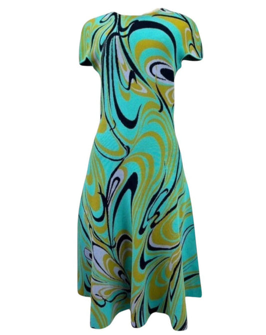 EMILIO PUCCI Turquoise Onde Print Fit & Flare Knit Knee Length Dress Size M