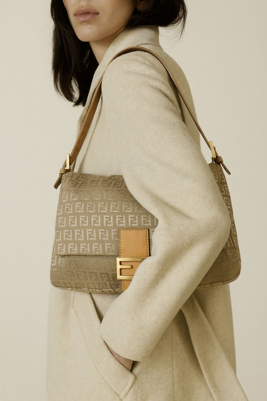 Fendi FF Zucchino Beige Mamma Baguette Canvas Shoulder Bag