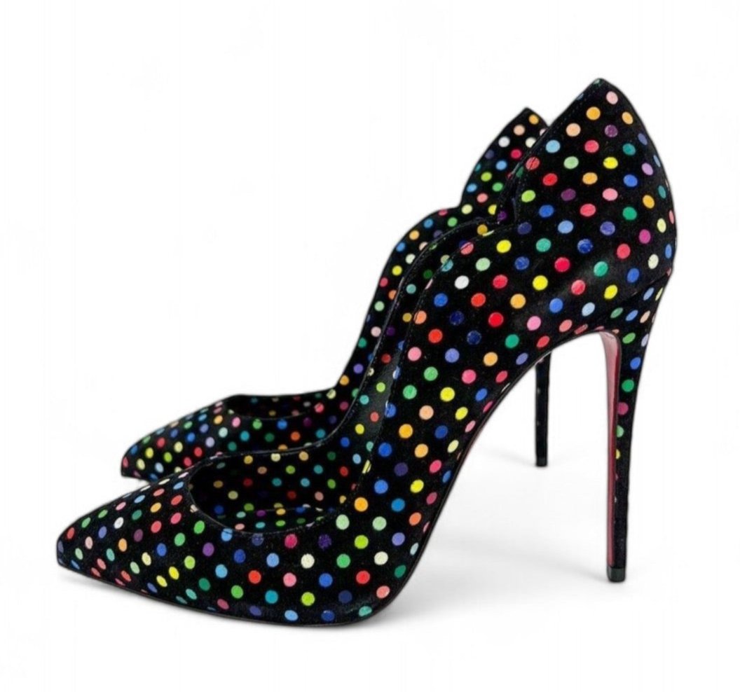 CHRISTIAN LOUBOUTIN Hot Chick Black Scalloped Polka Dot Stiletto Pumps IT39