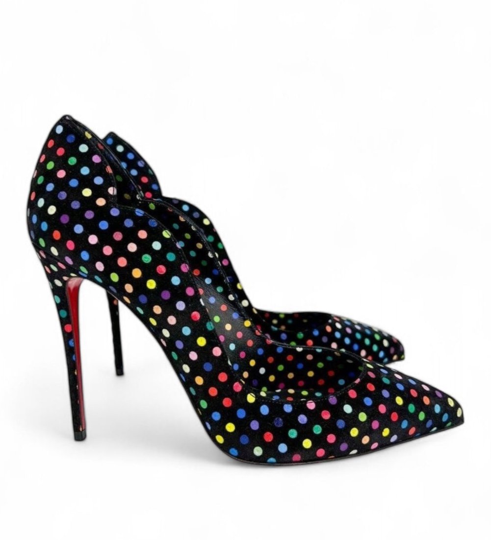 CHRISTIAN LOUBOUTIN Hot Chick Black Scalloped Polka Dot Stiletto Pumps IT39