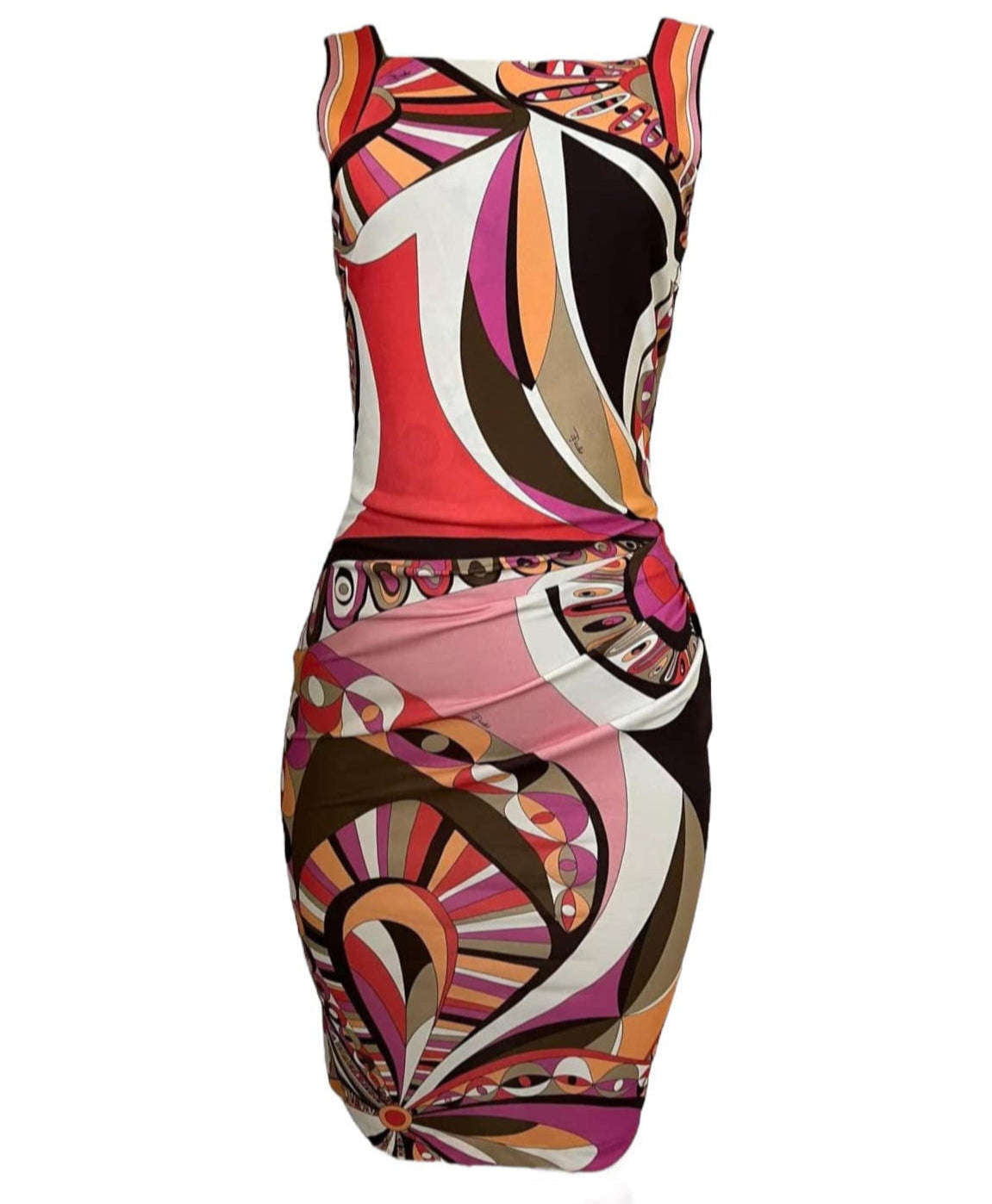 EMILIO PUCCI Multicolor Abstract Ruched Side Sheath Knee Length Dress EU40