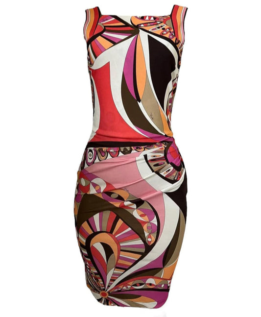 EMILIO PUCCI Multicolor Abstract Ruched Side Sheath Knee Length Dress EU40