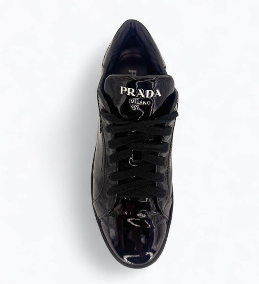 PRADA Women's Black Patent Leather 'Prada' Logo Sneakers IT39.5