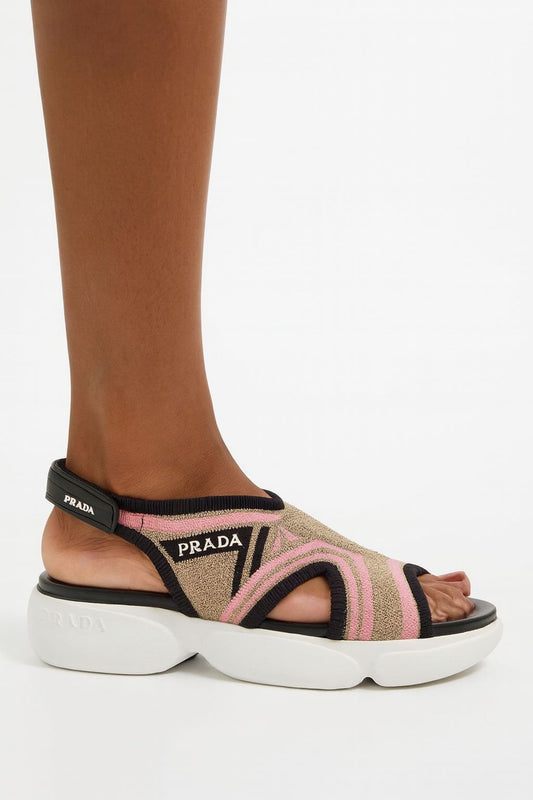 PRADA Cloudburst Pink & Prada Knit Slingback Sandals IT40