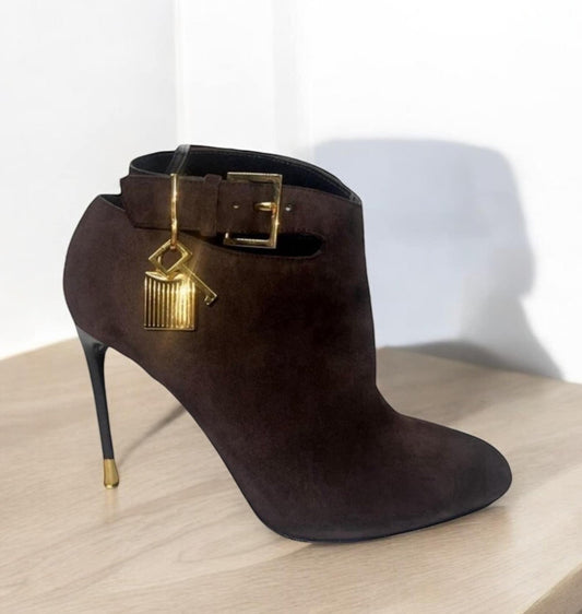 TOM FORD Brown Suede Padlock Booties Size IT38.5