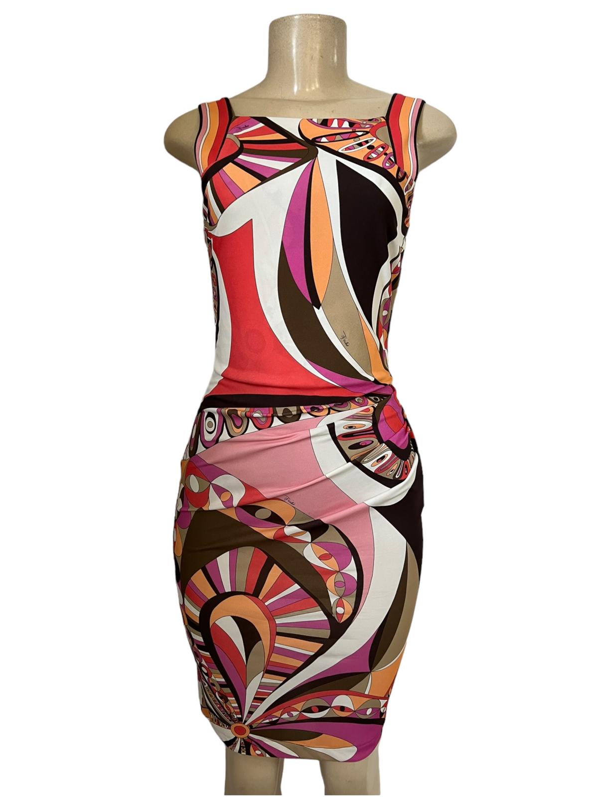 EMILIO PUCCI Multicolor Abstract Ruched Side Sheath Knee Length Dress EU40