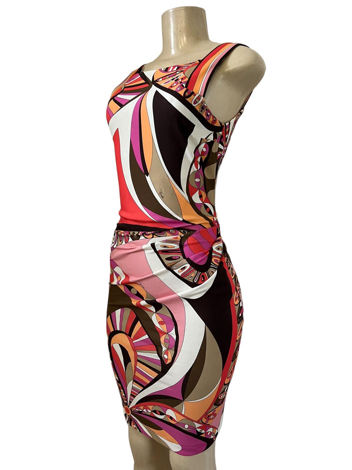 EMILIO PUCCI Multicolor Abstract Ruched Side Sheath Knee Length Dress EU40