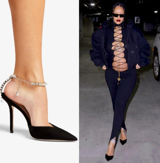 Rihanna in JIMMY CHOO Saeda Black Crystal Embellished Sandals Size EU39.5