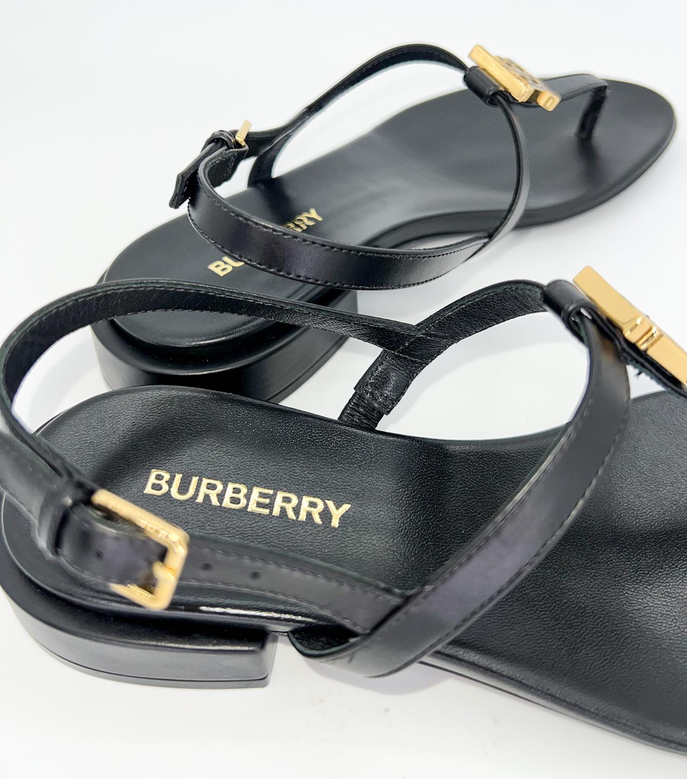 BURBERRY Emily Black 'B' Logo Plaque T-Strap Flat Sandals Size EU35.5
