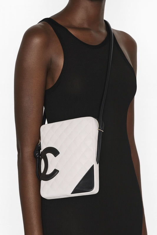 CHANEL Cambon Line White/Black CC Logo Leather Shoulder Bag