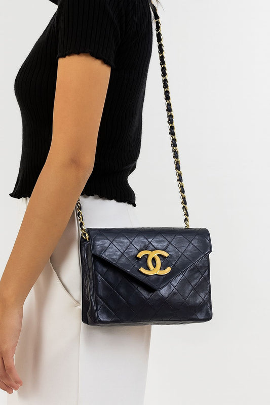 CHANEL Black Quilted 24K CC Logo Hardware Leather Shoulder Bag