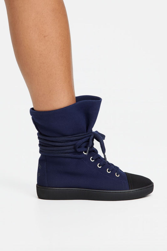 CHANEL Indigo Suede CC Logo Lace-Up Black Cap Toe Sneaker Boots Size EU37