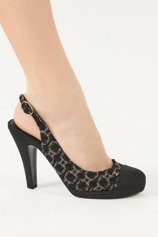 CHANEL Black CC Logo Cap Toe Block Heel Sling-back Heels EU39.5