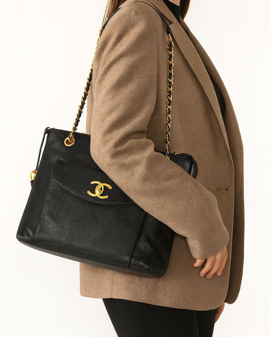 CHANEL Vintage Black Caviar Leather CC Logo Turn Lock Tote Bag