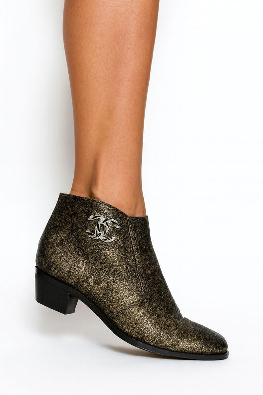 CHANEL Black & Gold Metallic CC Logo Block Heel Ankle Boots IT36.5