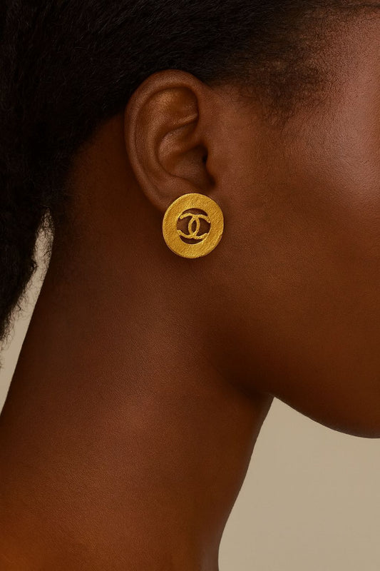 CHANEL Vintage CC Logo Gold Plated Circular Earrings