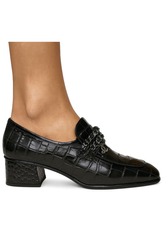 CHANEL CC Logo Black Croc Embossed Calfskin Leather Loafers IT36.5