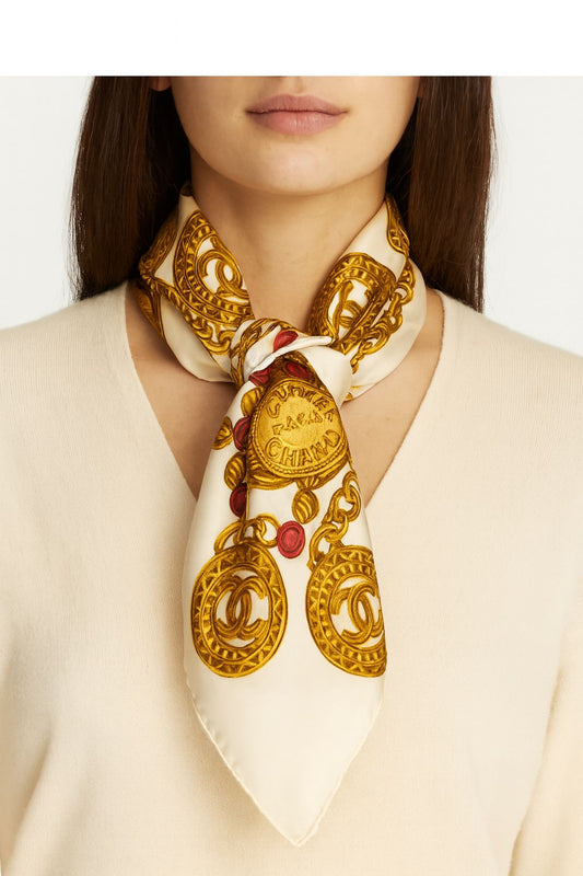 CHANEL CC Logo Jewelry  Motif Silk Scarf
