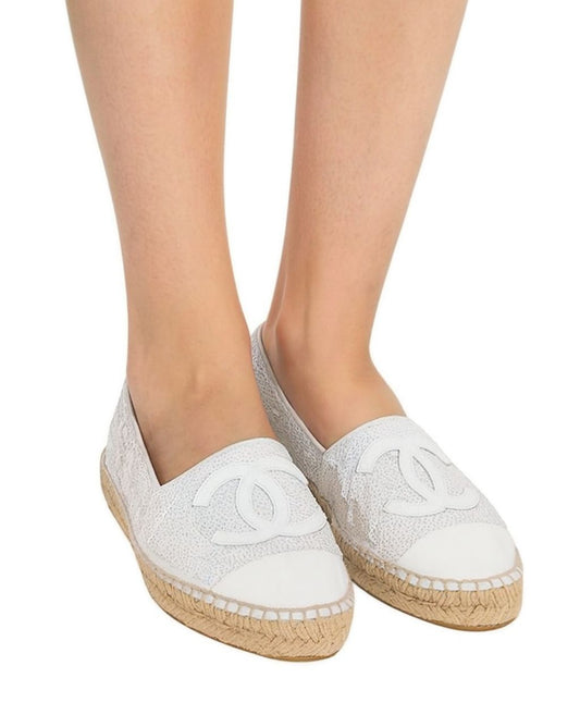 CHANEL White CC Logo Sequin Flat Espadrilles EU37