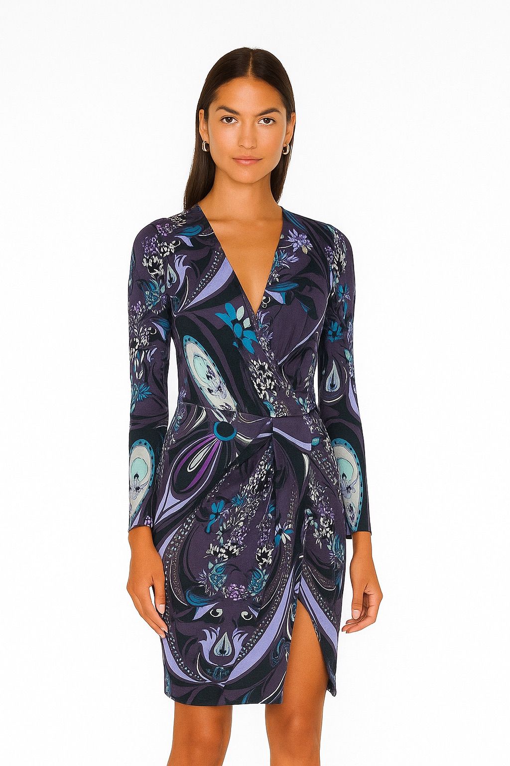 EMILIO PUCCI Purple Floral Print Long Sleeve V-Neck Dress US SM