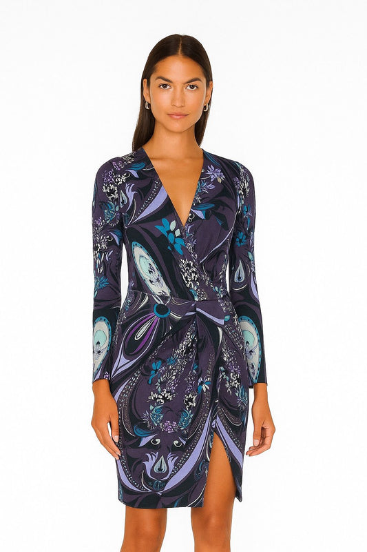EMILIO PUCCI Purple Floral Print Long Sleeve V-Neck Dress US SM