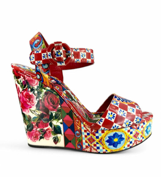 DOLCE & GABBANA Mambo Rose Print Patent Wedge Sandals IT38