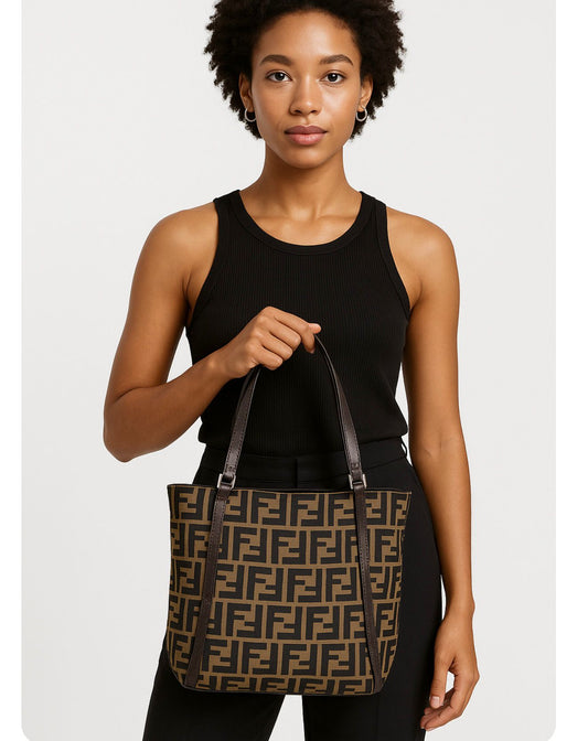 FENDI FF ZUCCA Canvas and Leather Dual Strap Shoulder Bag