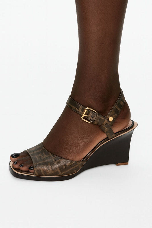 FENDI Tobacco Brown FF Zucca Wedge Sandals IT38.5