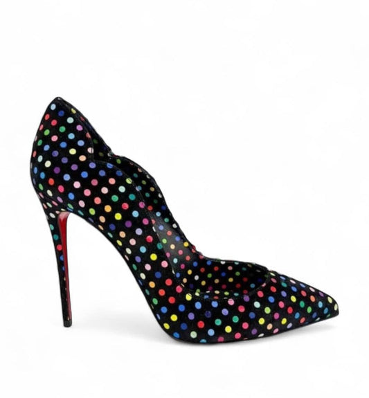 CHRISTIAN LOUBOUTIN Hot Chick Black Scalloped Polka Dot Stiletto Pumps IT39