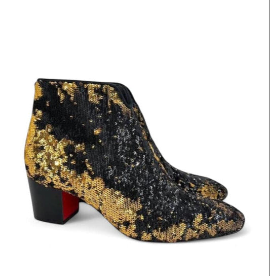 CHRISTIAN LOUBOUTIN Gold & Black Sequin 70's Disco Ankle Boots EU37