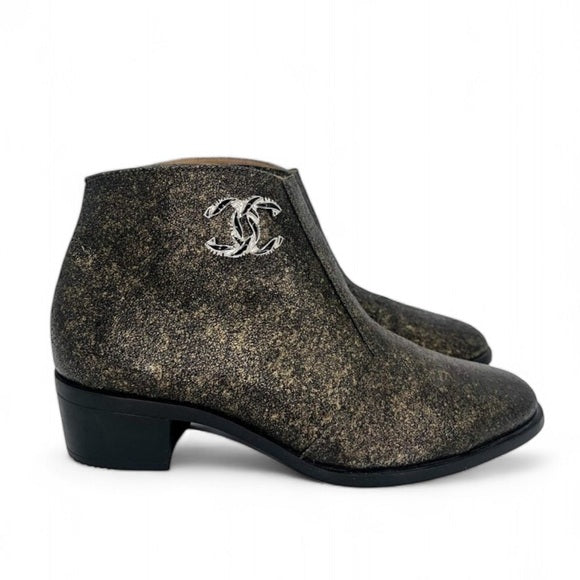 CHANEL Black & Gold Metallic CC Logo Block Heel Ankle Boots IT36.5