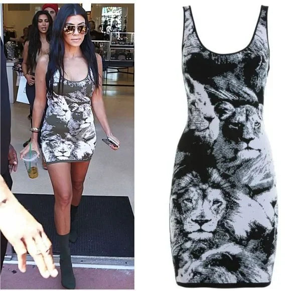 Kourtney Kardashian in Rare ROBERTO CAVALLI Tiger & Lion Animal Print Mini Dress M