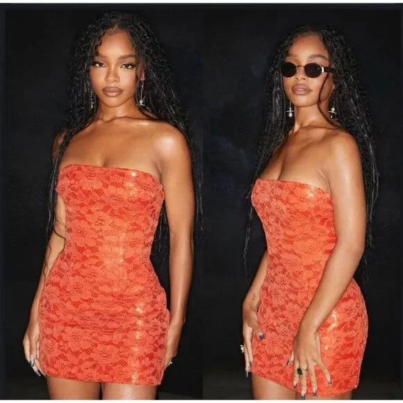 NWT LAQUAN SMITH Spring 2023 Runway Orange Sequin Strapless Mini Dress Size M