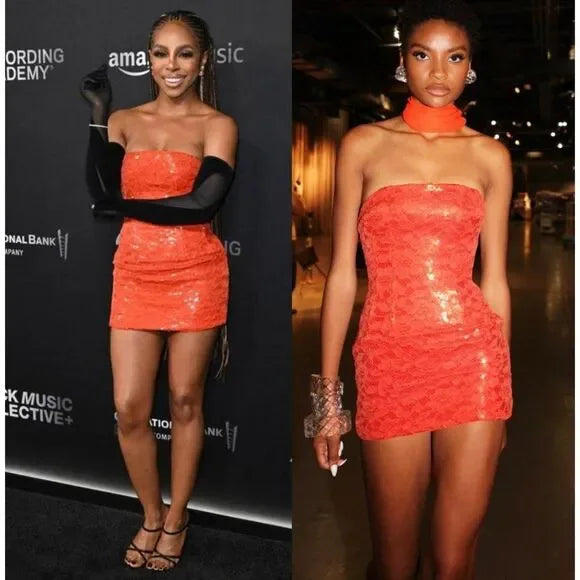 NWT LAQUAN SMITH Spring 2023 Runway Orange Sequin Strapless Mini Dress Size M