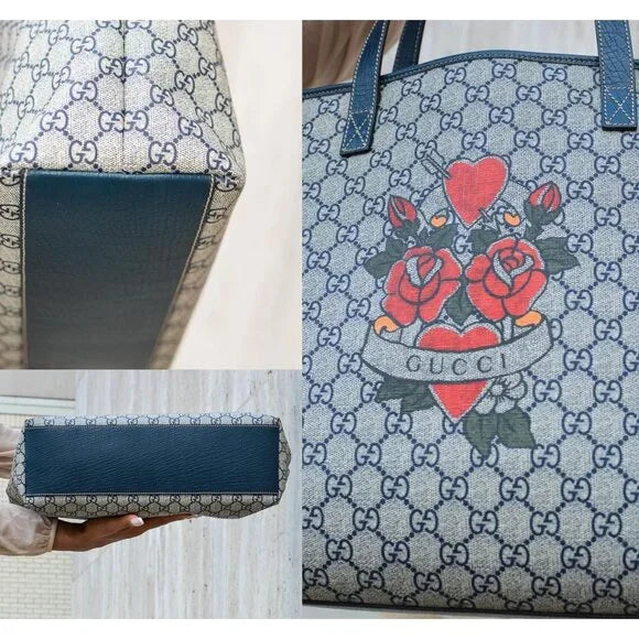 GUCCI Navy & Gray GG Supreme Monogram Logo Heart & Roses Tattoo Tote