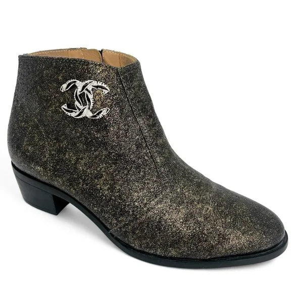 CHANEL Black & Gold Metallic CC Logo Block Heel Ankle Boots IT36.5