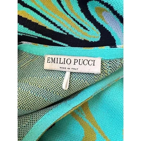 EMILIO PUCCI Turquoise Onde Print Fit & Flare Knit Knee Length Dress Size M