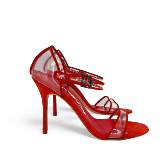 MANOLO BLAHNIK Fersen Red Transparent Ankle Strap Heeled Sandals IT36